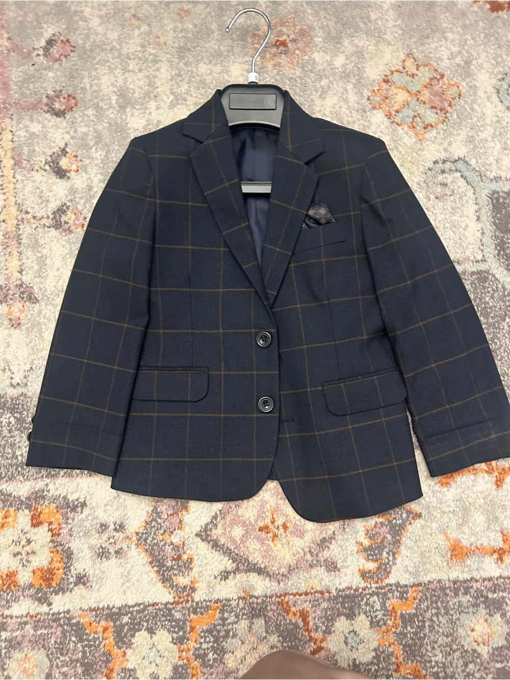 Boys Navy Windowpane Blazer with Brown Grid